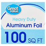 Close-up of product front showing Great Value logo and large "100 SQ FT" with Heavy Duty Aluminum Foil text