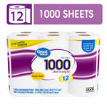 Packaged Great Value 1000 bath tissue 12-roll pack with purple label and large "1000" graphic on front