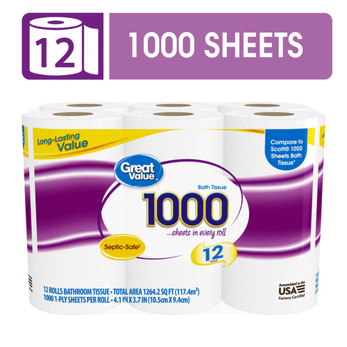 Packaged Great Value 1000 bath tissue 12-roll pack with purple label and large "1000" graphic on front