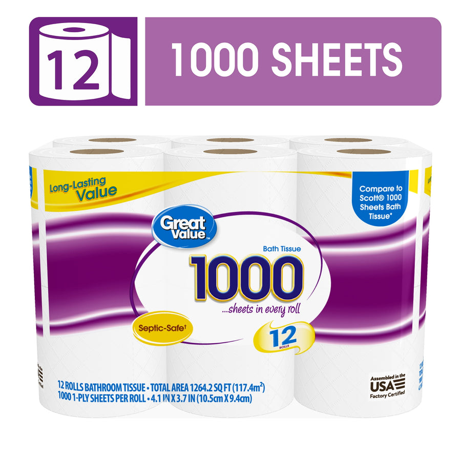 Packaged Great Value 1000 bath tissue 12-roll pack with purple label and large "1000" graphic on front