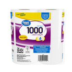 Rear-angle product shot of Great Value 1000 bath tissue pack showing label, bar code and certification icons
