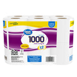 Rear/side view of Great Value 1000 toilet paper 12-roll pack showing packaging label, barcode and certification icons