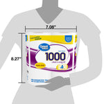 Scale graphic showing Great Value 1000 bath tissue four-roll pack dimensions against a silhouetted figure