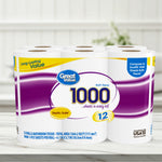 Lifestyle-style photo of Great Value 1000 toilet paper 12-roll pack placed on a white surface with blurred background