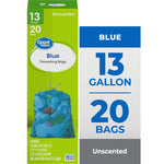 Green Great Value box with large blue panel reading 13 gallon and 20 bags and blue trash bag image