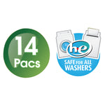 Two circular icons: a green 14 Pacs badge and a blue HE safe-for-all-washers symbol