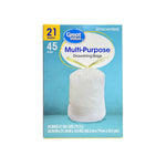 Front-facing Great Value Multi-Purpose 21-gallon drawstring trash bag box with product image on turquoise background