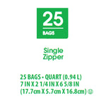 Green icon block reading ‘25 BAGS’ with ‘Single Zipper’ text and product dimensions printed below