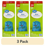 Three green Great Value boxes showing blue 30-gallon drawstring trash bags with product branding