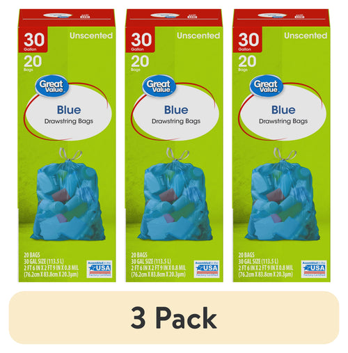 Three green Great Value boxes showing blue 30-gallon drawstring trash bags with product branding