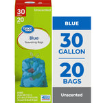 Single Great Value green box for blue 30-gallon drawstring bags alongside bold panel reading 30 gallon 20 bags