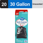 Product label banner showing '20', '30 Gallon' and 'Unscented' with a teal Great Value trash bag box below