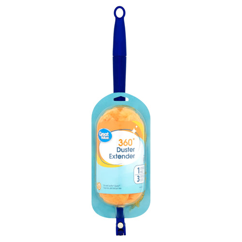 Great Value 360° Duster Extender in packaging showing blue handle and yellow duster head on white background