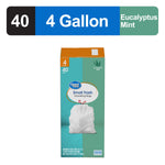 Product banner with 4 gallon and eucalyptus mint text above a narrow Great Value trash bag box image