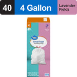 Tall product shot of Great Value 4 gallon drawstring trash bags box with teal and pink packaging and white tied trash bag illustration