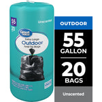 Turquoise Great Value roll of extra large outdoor twist tie trash bags with black filled bag image and 55 gallon/20 bags callout