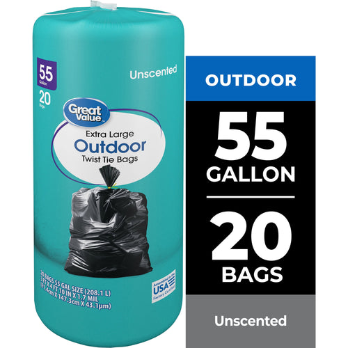 Turquoise Great Value roll of extra large outdoor twist tie trash bags with black filled bag image and 55 gallon/20 bags callout