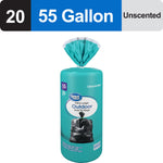 Packaged Great Value 55 gallon outdoor twist tie trash bags on white background with header showing '55 Gallon' and '20' count