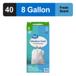 Great Value trash bag packaging with a large banner reading '8 Gallon' and a centered image of the product box beneath it.