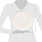 Size-comparison graphic showing a 9-inch white paper plate over a torso silhouette with 9" width and height markers
