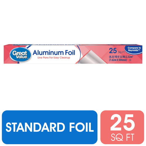 Great Value aluminum foil box with branding and 25 sq ft callout on a pink background