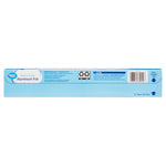 Back side of a Great Value aluminum foil box showing caution text, barcode and product panel in light blue