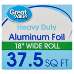 Close-up of Great Value packaging with 'Heavy Duty Aluminum Foil' text and prominent '18" wide roll 37.5 sq ft' label