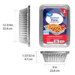 Three views of Great Value aluminum rectangle pan with dimensions and packaging label