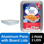 Great Value labeled aluminum baking pan with board lid and separate covered pan on white background