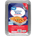 Close-up of Great Value packaging label on aluminum pan showing product name and food photo