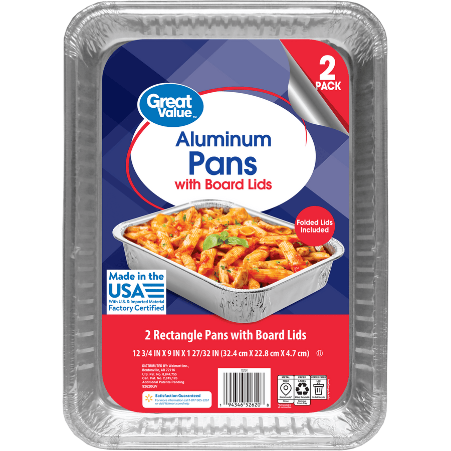Close-up of Great Value packaging label on aluminum pan showing product name and food photo