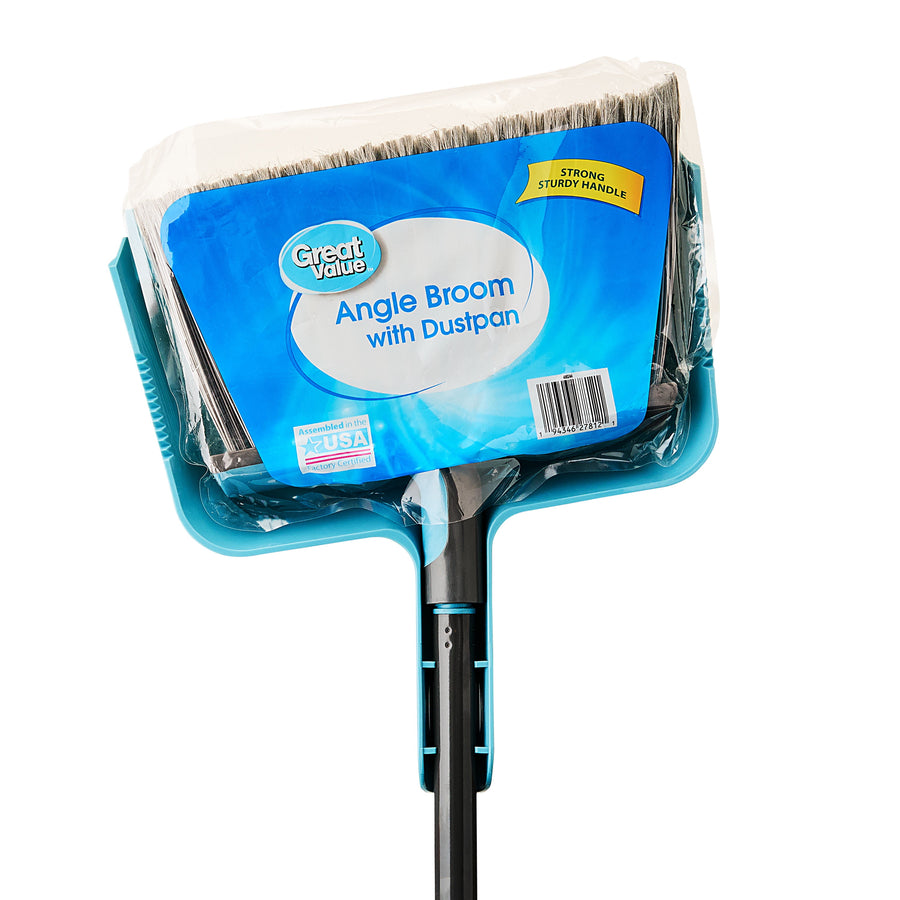 Packaged Great Value angle broom and matching dustpan in plastic wrap with brand label visible
