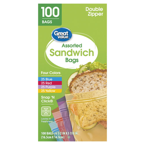 Green Great Value box front labeled Assorted Sandwich Bags with sandwich photo