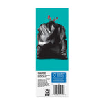 Teal product back panel showing a tied black trash bag illustration, barcode and product information