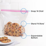 Clear Great Value gallon bag of cookies on a counter with callouts for Snap 'N Click, Stand 'N Store and expandable bottom