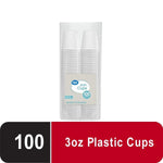 Clear plastic bag showing two stacks of white disposable bath cups with a Great Value label reading 100 cups.