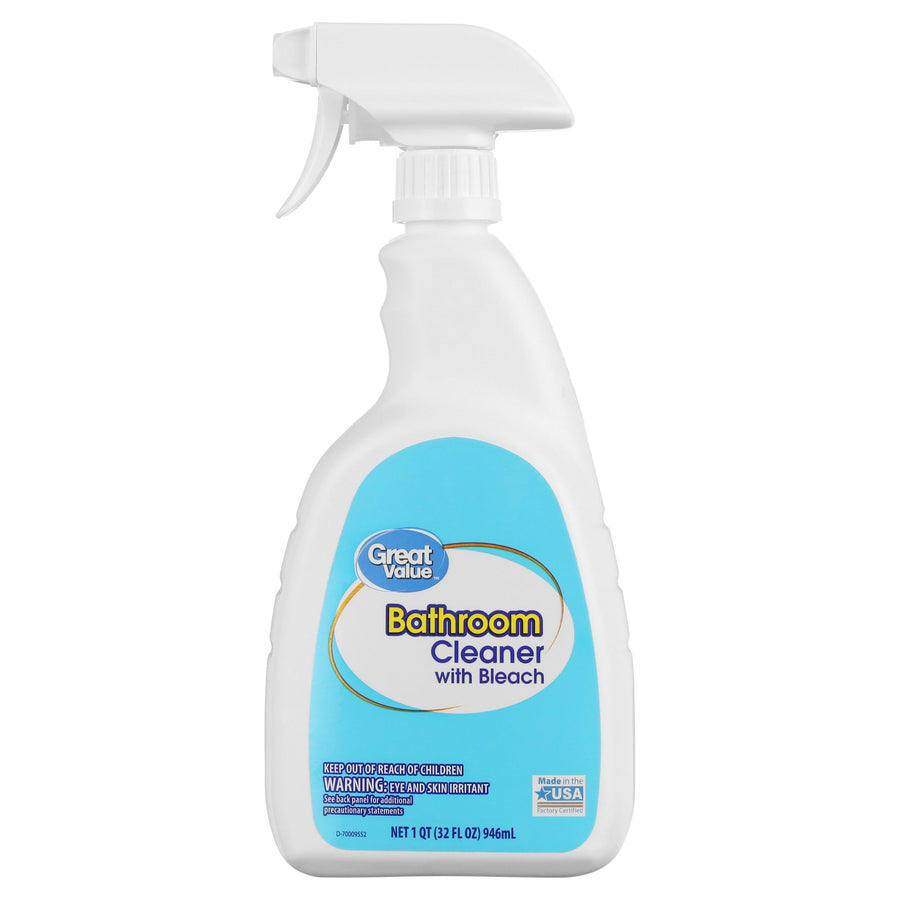 Front-facing Great Value Bathroom Cleaner with Bleach white spray bottle, blue label showing brand and product name