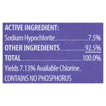 Label close-up listing active ingredient Sodium Hypochlorite 7.5% and other ingredients on purple background
