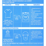 Close-up instructional panel showing laundry and cleaning dosage icons and usage directions