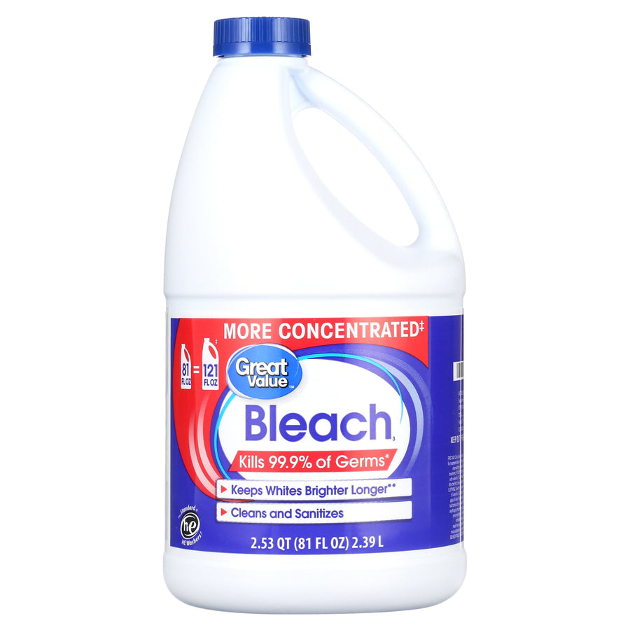 Front view of a Great Value bleach jug with blue label and cap, product name and concentration messaging visible