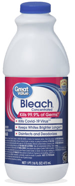 Close-up front view of a Great Value concentrated bleach bottle with blue cap and labeled front panel