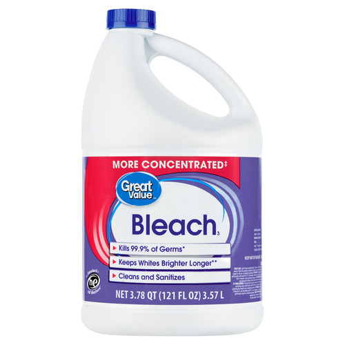 Front-facing Great Value Bleach jug with purple label reading 'Bleach' and blue screw cap on white background