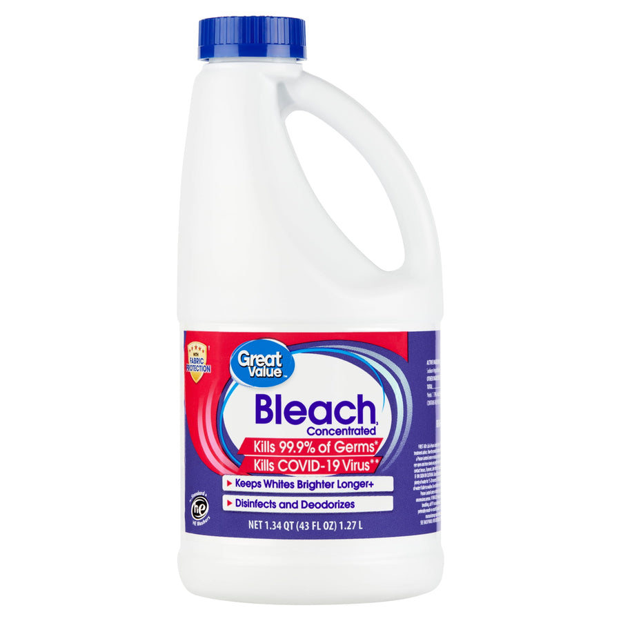 Front view of a Great Value concentrated bleach jug with blue cap and purple label on white background.