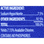 Close-up ingredient panel listing sodium hypochlorite 7.5% and other ingredients on bleach label