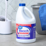 Lifestyle-style photo of a Great Value bleach jug on a tiled floor next to cleaning tools and a blue towel