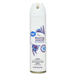 Tall white aerosol can of Great Value Blooming Lavender air freshener with lavender graphic and label.