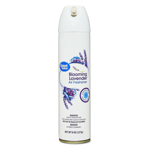 Tall white aerosol can of Great Value Blooming Lavender air freshener with lavender graphic and label.