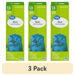 Three identical green Great Value boxes showing blue drawstring 13-gallon trash bag illustration