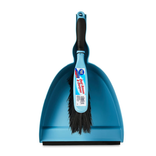 Blue plastic dustpan with attached small black-bristled hand broom shown from front with product label