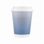 Single Great Value insulated paper hot cup with white lid in a gradient blue design on a white background